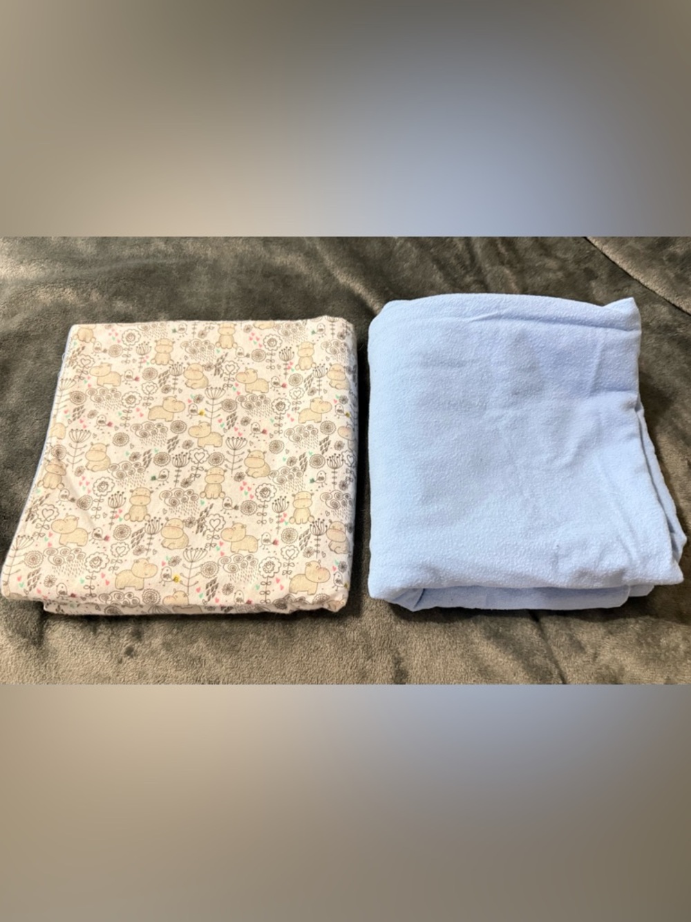 Light Blue & Neutral Animal Print baby blankets, 1 elephant, 1 hippo